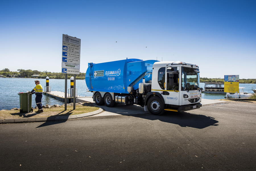 Noosa council and cleanaway photography showing cleanaway refuge collection, cleanaway truck at noosa riverf