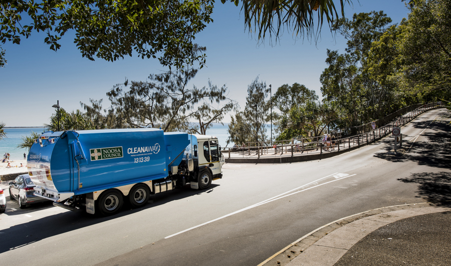Noosa council and cleanaway photography showing cleanaway refuge collection, cleanaway truck noosa national park and main beach